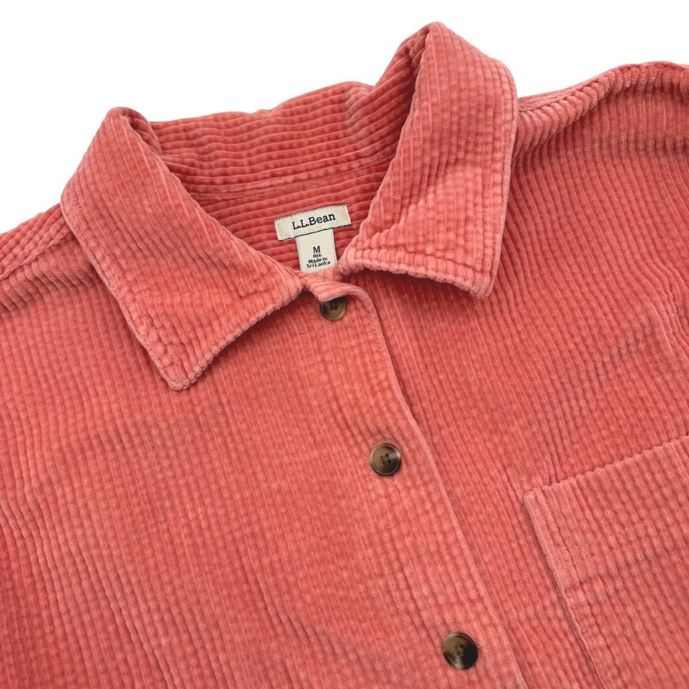 LL Bean Women Medium Coral Pink Wide Wale Corduroy Button Down Shirt Long Sleeve